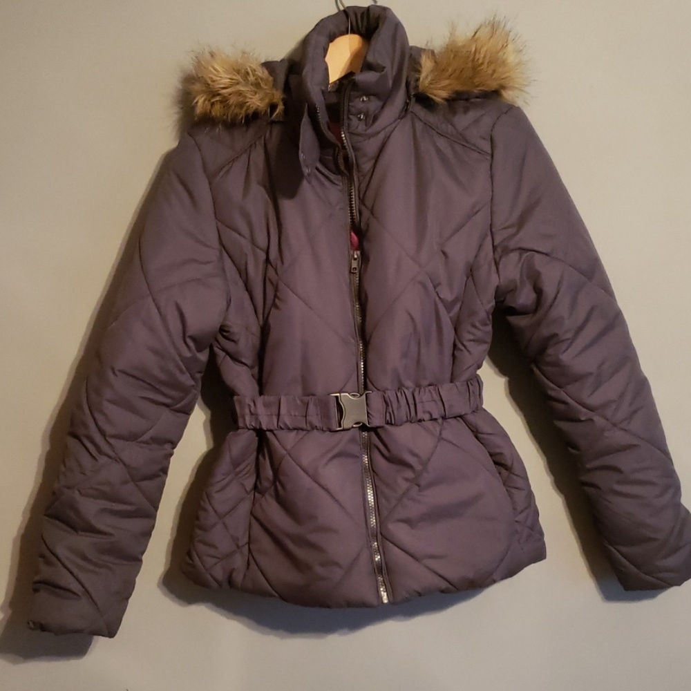 Womens charcoal gray winter coat with hood.
